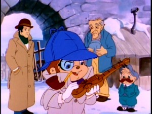 Sherlock Holmes (a monocled Simon) tries to make sense of this fiddle, while Inspector Seville, a coal salesman, and Dr. Watson (Theodore) look on in the snow. (Don't worry, the pipe is just for blowing bubbles.)