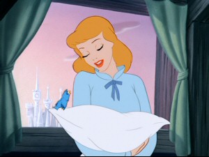 Cinderella starts her morning in a better mood than most, singing to agreeable blue birds.