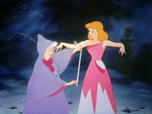 Cinderella gets a bit of help from the Fairy Godmother.