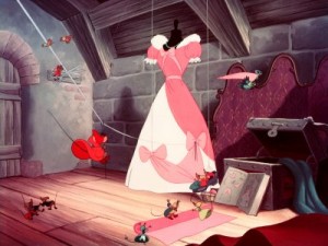 The industrious mice work on Cinderella's gown.