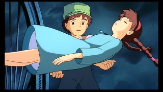 In falling off an aircraft, Sheeta floats down into the hands of Pazu.