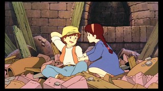 Pazu (voiced by James Van Der Beek) and Sheeta (Anna Paquin) quickly develop a friendship.
