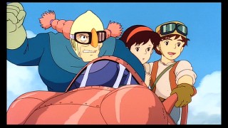 Sheeta and Pazu find themselves in the airborne company of Dola, who shakes her fist.