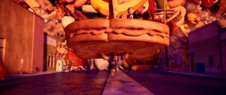 1980s icon Mr. T voices watchful cop Earl Devereaux, who here acts fast to carry his family (on a large sandwich) to safety and out of the path of a giant food avalanche.