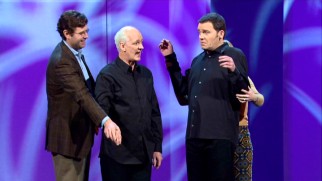 A couple puppeteers Colin Mochrie and Brad Sherwood as they play Belgian neighbors discussing chicken in the opening bit of "Colin & Brad: Two Man Group."