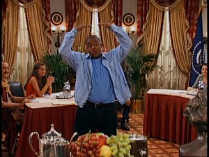 Cory unknowingly exposes his posterior to a room full of diplomats. Now, that's comedy!
