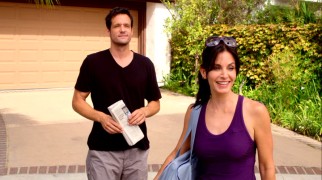 Divorced Florida real estate agent Jules Cobb (Courteney Cox) shares a moment with her neighbor Grayson (Josh Hopkins), who is developed from newspaper buddy to guitar-playing bartender and more in "Cougar Town."