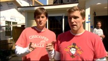 Co-creators Bill Lawrence and Kevin Biegel (evidently coordinated in pink and white shirts) discuss their inspirations in "Taming Cougar Town."