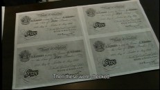 Among the documents put on display in "Adolf Burger's Artifacts" is this sheet of counterfeited currency from Operation Bernhard.