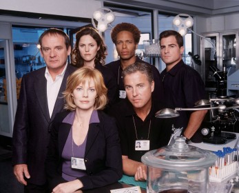 The first season cast of "CSI: Crime Scene Investigation" -- from left to right, Paul Guilfoyle, Jorja Fox, Gary Dourdan, George Eads, William Petersen, and Marg Helgenberger.