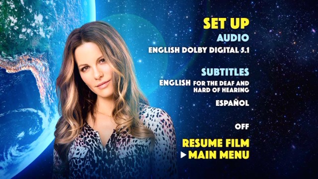 Kate Beckinsale claims the Set Up menu of the lightweight Absolutely Anything DVD.