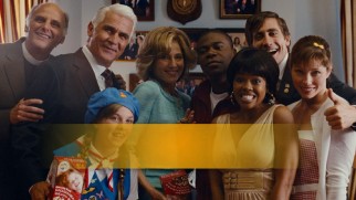 Assorted lobbyists pose with the Speaker of the House and house whip on the Accidental Love Blu-ray menu.