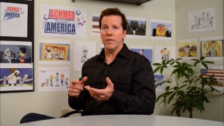 Jeff Dunham talks about the special in front of a wall of production art in "The Making of 'Achmed Saves America.'"