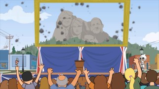 To hearty citizen applause, Achmed turns Americaville's Big Rock Rock into something to rival Mount Rushmore with the stone likenesses of Donald Trump, Taylor Swift, Tom Cruise, and Lance Armstrong.