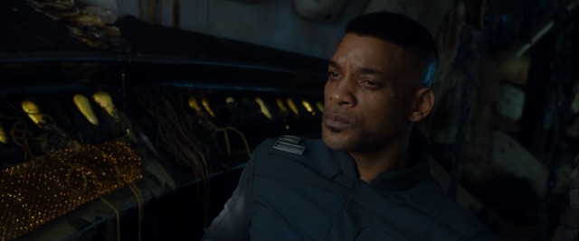 Will Smith's character, the fearless warrior Cypher Raig, spends most of the movie seated in airplane wreckage with two broken legs.