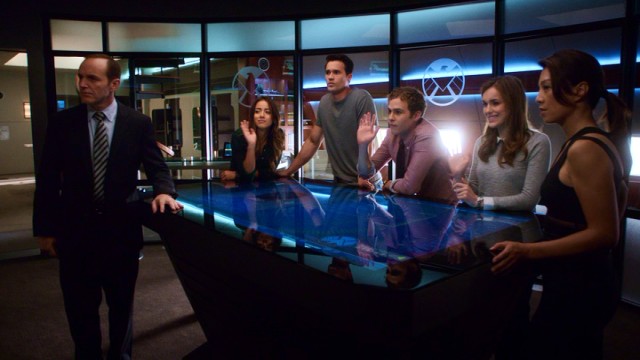 Meet the Agents of S.H.I.E.L.D.! Left to right, they are Coulson (Clark Gregg), Skye (Chloe Bennet), Ward (Brett Dalton), Fitz (Iain De Caestecker), Simmons (Elizabeth Henstridge) and May (Ming-Na Wen).