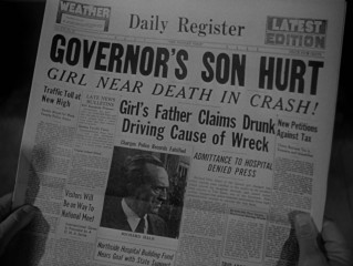 Gubernatorial scandal hits the newspapers, as the Daily Register reports on Stark's son car crash.