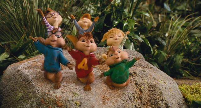 The Chipmunks and Chipettes take a bow, having performed Lady Gaga's "Bad Romance" for a 10-year castaway who has no way of knowing the song.