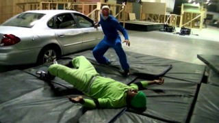 What looks like a no-budget version of Spider-Man is in fact a stunt rehearsal for a Spider-Man vs. Lizard battle sequence.