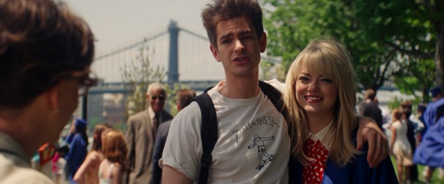 Peter Parker (Andrew Garfield) just barely makes it to his high school graduation in time to hear his girlfriend, Gwen Stacy (Emma Stone), provide the valediction.