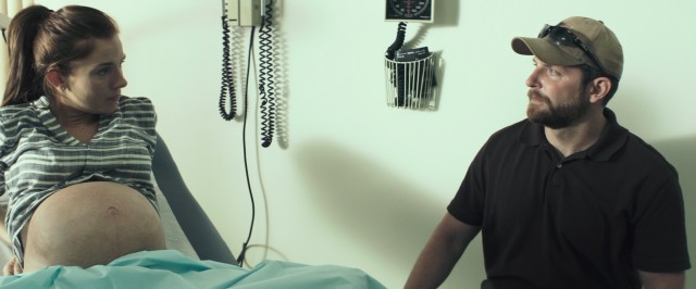 Back home in Texas, Chris (Bradley Cooper) exhibits high blood pressure while accompanying his pregnant wife Taya (Sienna Miller) on a doctor's visit.