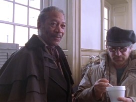 Morgan Freeman discusses the movie while Steven Spielberg stirs his coffee in "The Making of 'Amistad.'"