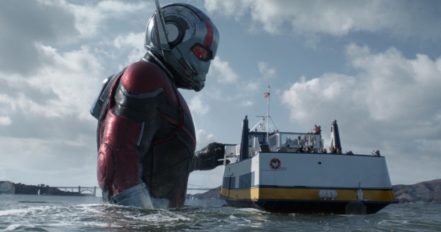 Ant-Man (Paul Rudd) becomes Giant-Man, towering over a San Francisco whale boat in the climax of "Ant-Man and the Wasp."