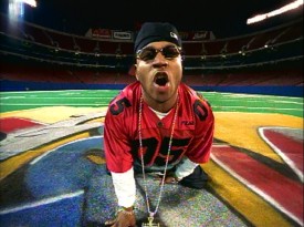 LL Cool J gets down at a fifty-yard line bearing his name in his "Shut 'Em Down" music video.