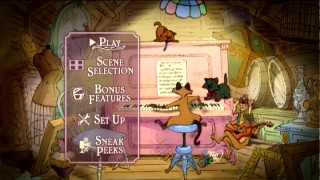 The alley cat band never stops playing on the recycled DVD's main menu.