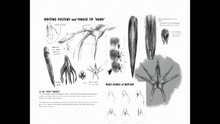 Concept art conveys the design of heptapods' hands and manner of writing.
