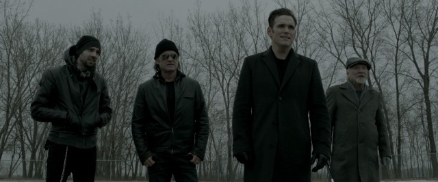 Francie (Jay Baruchel), Crunch (Kurt Russell), Nicky (Matt Dillon), and Uncle Paddy (Kenneth Welsh) meet with a contact about a potential job in "The Art of the Steal."