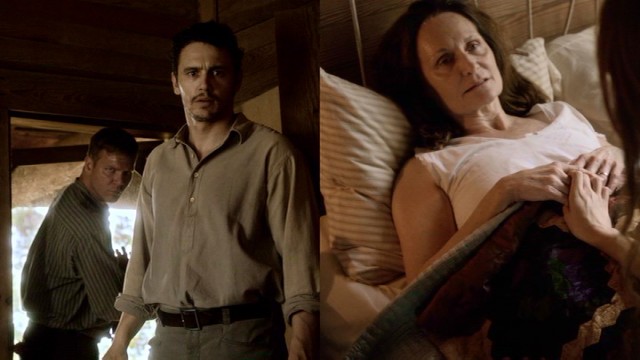 Darl Bundren (James Franco) and his brother Cash (Jim Parrack) find their mother (Beth Grant) dying on the other half of the screen in Franco's "As I Lay Dying."