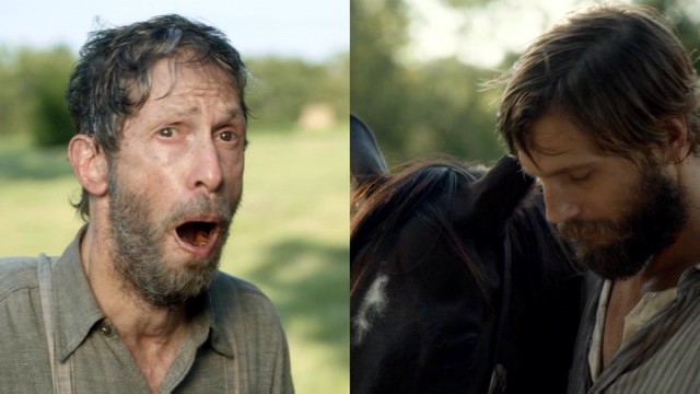 Anse Bundren (Tim Blake Nelson) shows off his toothless mouth while Jewel (Logan Marshall-Green) tends to a horse.
