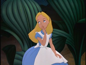 Alice covers her mouth in a wonderland.