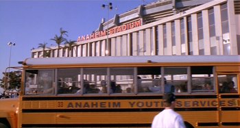 The school bus pulls up at what was then known as Anaheim Stadium.
