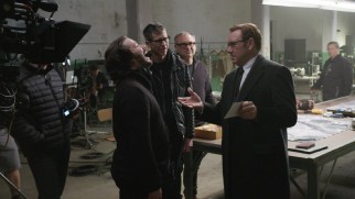 Kevin Spacey makes writer-director Edgar Wright laugh on the set of "Baby Driver."