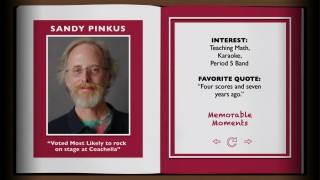 Musical math teacher Sandy Pinkus (Dave "Gruber" Allen) is one of eight faculty members profiled in the JAMS Yearbook.