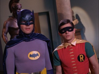 Batman (Adam West) and Robin (Burt Ward) are shot at a Dutch angle, meaning they must be in a villain's lair.