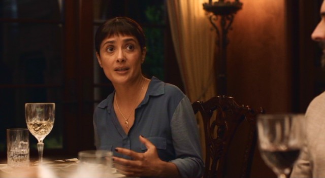 Salma Hayek plays Beatriz Luna, a good-hearted holistic therapist who surprises her wealthy company with some frank, personal conversation in "Beatriz at Dinner."