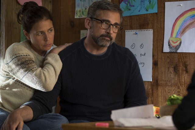 With his wife Karen (Maura Tierney) at his side, a sad, gray, bearded David Sheff (Steve Carell) is troubled by his teenage son's methamphetamine addiction in "Beautiful Boy."