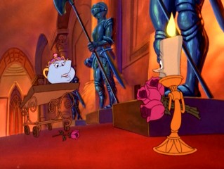 A depressed Mrs. Potts catches Lumiere dropping roses intended for her surprise party.