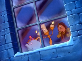 "We're not in Disney Animation Studios anymore, Toto." Cut-rate Mrs. Potts, Lumiere, and Cogsworth look out the castle window in despair.