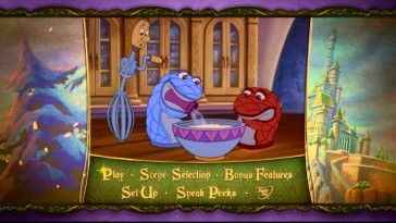Red and blue oven mitts disagree to an egg beater's concern on the DVD's animated main menu montage.