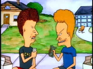 Beavis and Butt-head quickly abandon selling chocolate bars door-to-door to buy each other's bars with the same $2 in "Candy Sale."