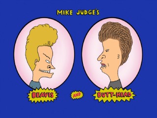 This title logo of profile shots reveals the show's modified title as "Mike Judge's Beavis and Butt-Head."