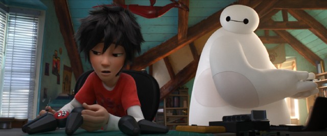 Personal care companion Baymax tries to pick Hiro Hamada out of the dumps in Disney's "Big Hero 6."