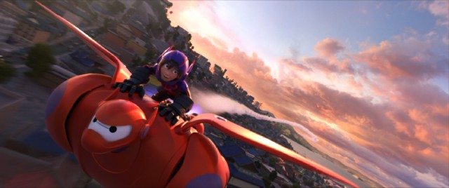 Baymax and Hiro take a scenic flight over San Fransokyo in "Big Hero 6."