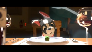In the Oscar-winning Disney animated short "Feast", Winston the dog looks sideways at a Brussels sprout.