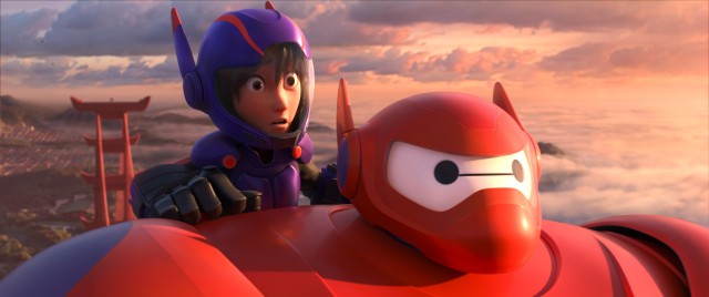 Equipped with new armor and defense techniques, Baymax and Hiro soar above San Fransokyo.