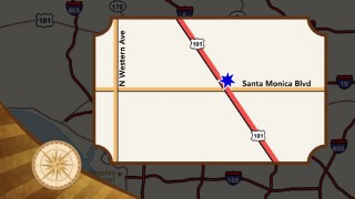 The Interactive Map's shorts point out the Los Angeles locations used in the film, here charting the opening tumbleweed's highway path.